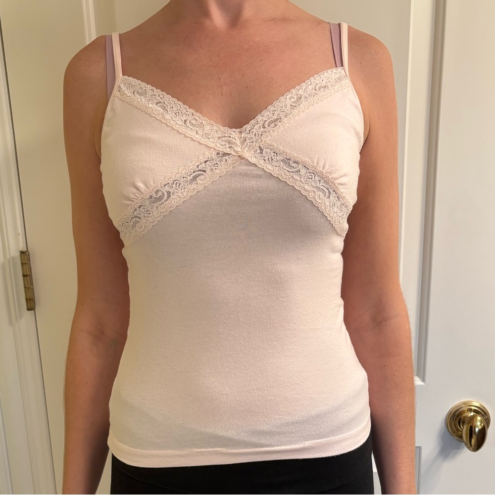 St. Eve Intimates Light Pink Cami Tank Top with Lace Trim Spaghetti Straps